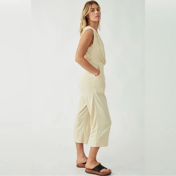 Free People Avery Jumpsuit Women’s‎ Size 0 One Shoulder Boho Cream Washed Out - Picture 3 of 13